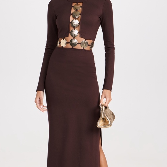 STAUD Chocolate Long Sleeve Dress with Gold Accents - Picture 1 of 5